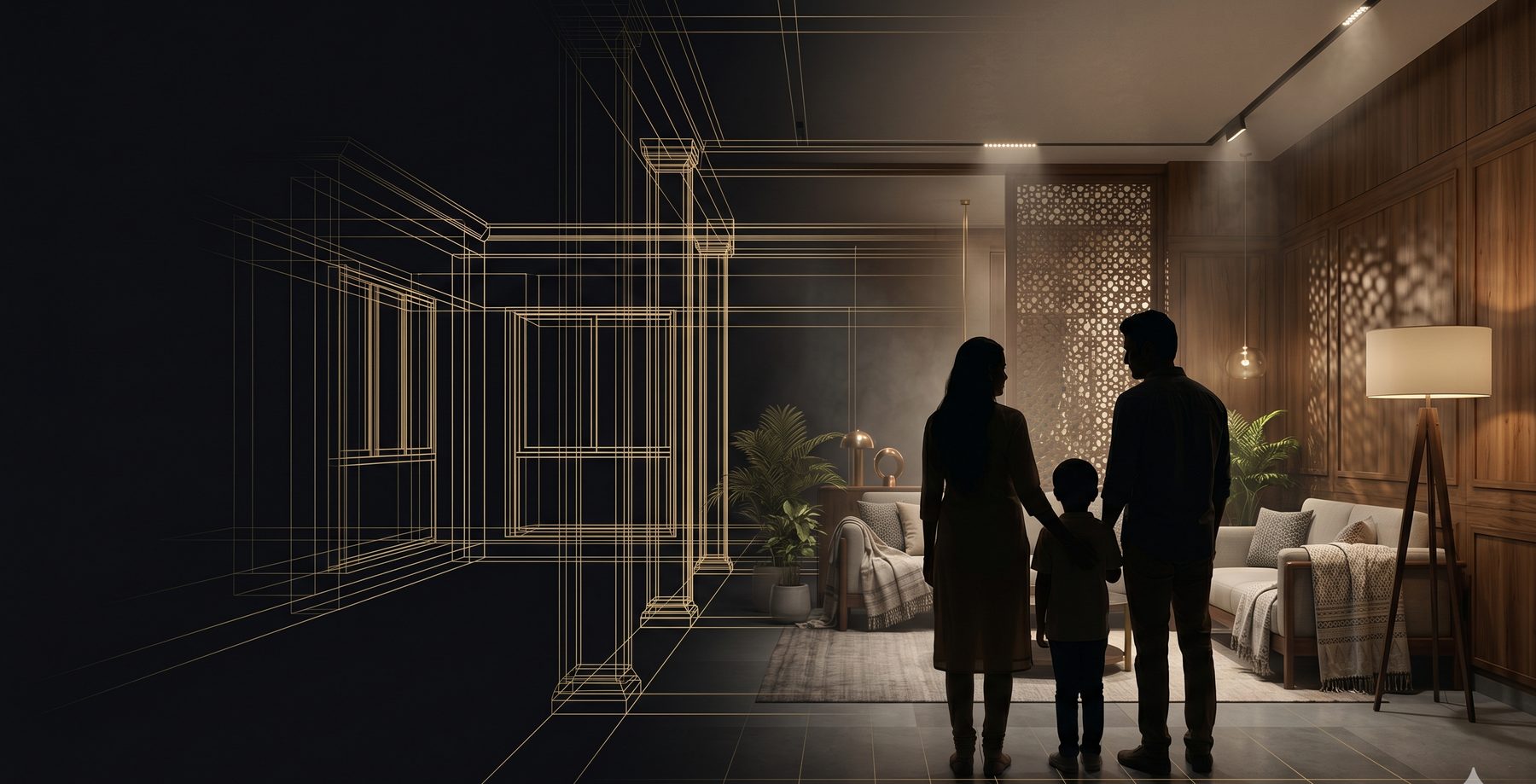 A family standing together in a contemporary Indian home, half realised in warm materials and half drawn in champagne-gold lines of light