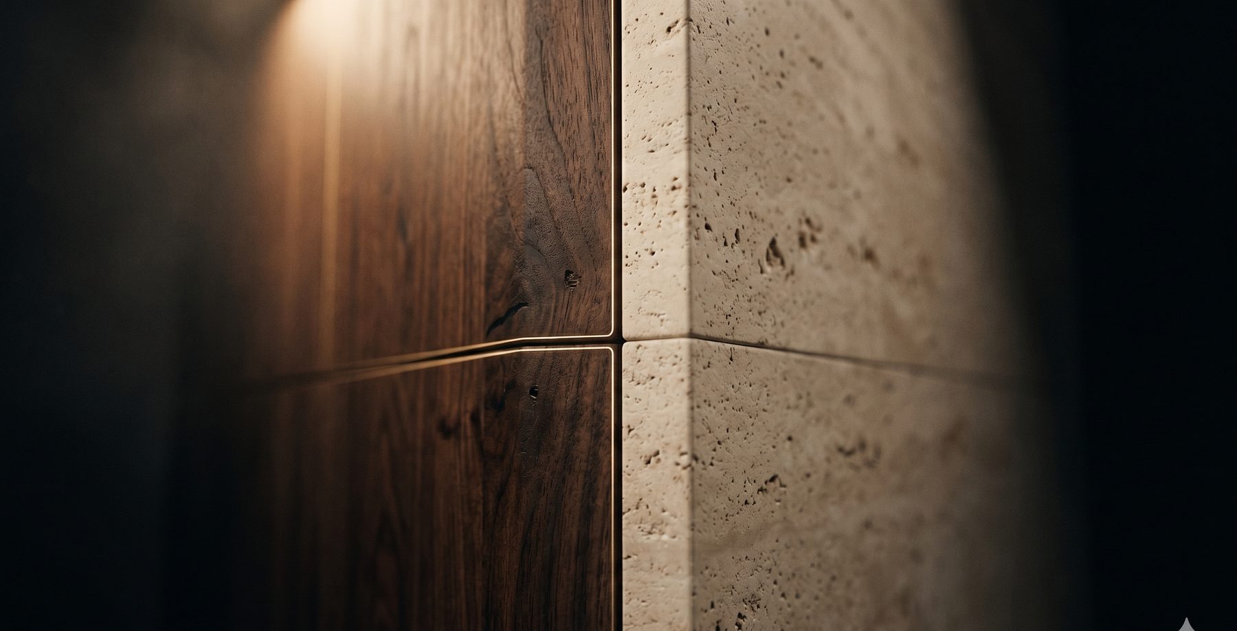 Close detail of timber meeting stone in a flawless seam, traced by fine champagne-gold lines